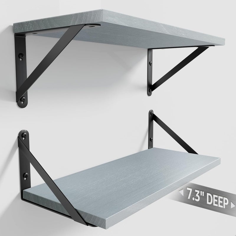 COCOYA Wall Shelves 7.3" Deep Set of 2, Solid Paulownia Wood Wider Longer Sturdy Easy to Install Wall Mounted Bookshelves Storage Shelves Bathroom Home Office Laundry Room Bedroom Organizer Gray - Image 1